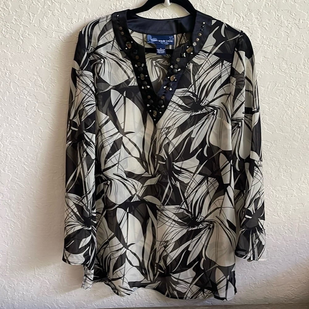 Susan Graver Style Sheer Chiffon Tunic Pullover Silk Beaded Collar Size S